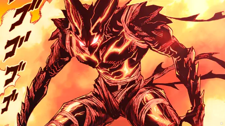 A dynamic HD wallpaper featuring Garou from One-Punch Man, showcasing his fierce form with striking red and orange tones, embodying the intense style of anime and manga.