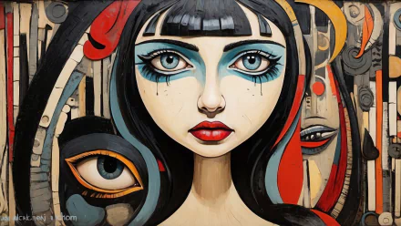 Emotive HD desktop wallpaper featuring artistic portrayal of a female face with expressive eyes and colorful abstract elements.