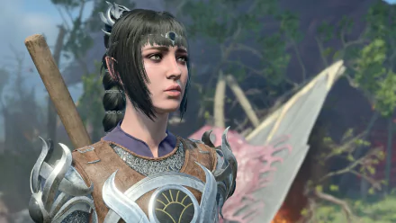 HD desktop wallpaper featuring Shadowheart from Baldur's Gate 3 video game, showcasing the character in armor with a detailed fantasy landscape background.