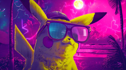 HD desktop wallpaper featuring Pikachu with sunglasses against a vibrant pink-and-purple tropical backdrop.