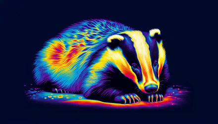 A vibrant, colorful illustration of a badger, featuring bold colors and intricate patterns, designed as an HD desktop wallpaper and background.