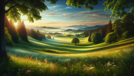 Beautiful HD desktop wallpaper featuring a serene grassland with rolling hills, trees, and a sunrise over distant mountains.