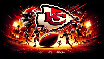 Dynamic Kansas City Chiefs NFL Super Bowl themed HD desktop wallpaper with team logo and football players in action.