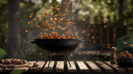 A dynamic BBQ grill surrounded by flying sparks and smoke, set on a wooden table, creates a vibrant outdoor atmosphere in this HD wallpaper.