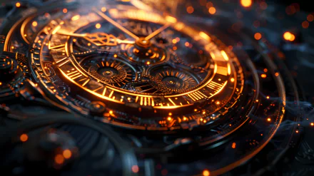 HD desktop wallpaper featuring an intricately designed clockwork with glowing orange accents, evoking a fantasy theme.