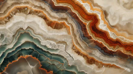 A stunning geode close-up showcases intricate layers of rich oranges, greens, and neutrals, creating a captivating HD desktop wallpaper and background.