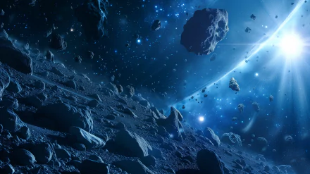 A captivating HD desktop wallpaper featuring a mesmerizing asteroid belt, surrounded by a starry expanse and a distant planet, evoking a thrilling sci-fi atmosphere.