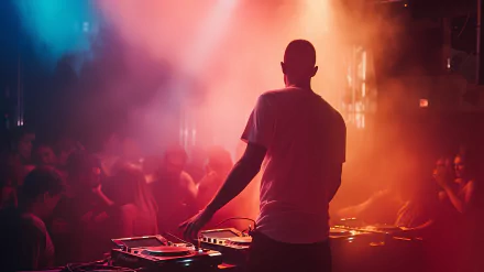 HD wallpaper of a DJ playing music at a nightclub party, with colorful dance lights illuminating a lively crowd.