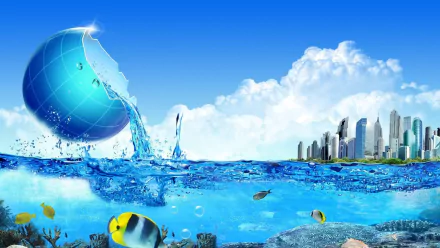 HD desktop wallpaper featuring Frutiger Aero with a vibrant underwater scene transitioning into a cityscape under a blue sky.