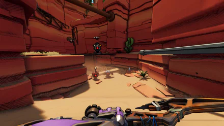 HD Roboquest game wallpaper featuring a first-person view of a crossbow weapon and a robot enemy in a desert canyon environment.
