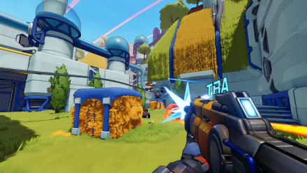 HD Roboquest video game wallpaper showing a first-person view of a player shooting a futuristic weapon in a vibrant sci-fi environment.