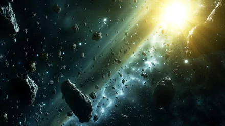 HD desktop wallpaper of the asteroid belt with sunbeams shining through space rocks.
