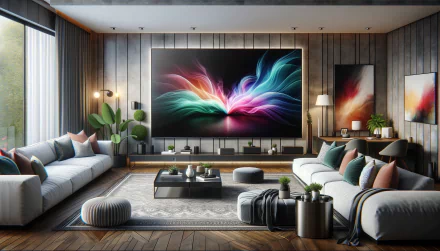 Stylish home interior with large TV and vibrant screen saver as HD desktop wallpaper background.