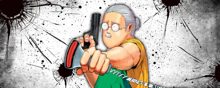 A dynamic HD desktop wallpaper featuring an anime character from Sakamoto Days, aiming a gun with a determined expression against a backdrop of splattered ink.