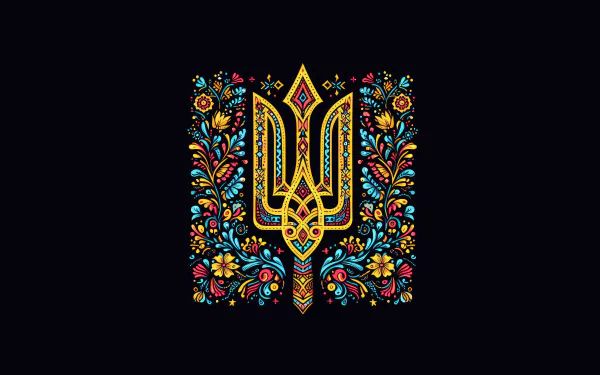 4K Ultra HD Ukraine desktop wallpaper featuring a vibrant, floral-patterned trident emblem set against a black background.