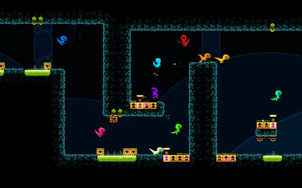 Colorful HD desktop wallpaper featuring KarmaZoo game with vibrant animated characters navigating a dark, maze-like environment.