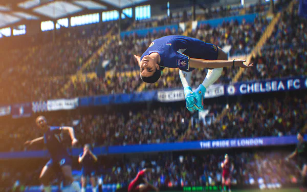 An action-packed scene from EA SPORTS FC 24, featuring a player performing an impressive flip in front of a cheering crowd at Chelsea FC's stadium, captured in vibrant HD detail.
