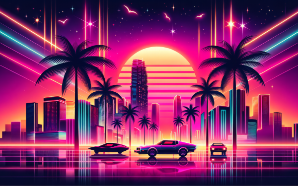 Retro-futuristic cityscape with neon colors, palm trees, and stylish cars under a starry sky for HD wallpaper download.