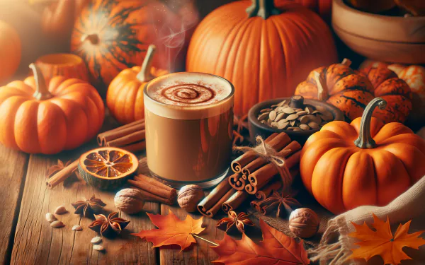 A cozy arrangement featuring a pumpkin spice latte surrounded by pumpkins, spices, and autumn leaves, creating a warm, seasonal atmosphere in a high-definition wallpaper.