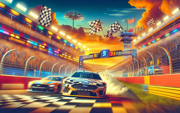 Racing cars speeding on track at sunset with checkered flags and vibrant sky HD wallpaper.