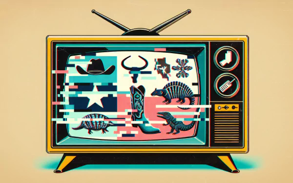 A vibrant retro television displays Texas-themed icons, including a cowboy hat, a bull, and armadillos, set against a colorful backdrop. This HD wallpaper captures Texas culture with style.