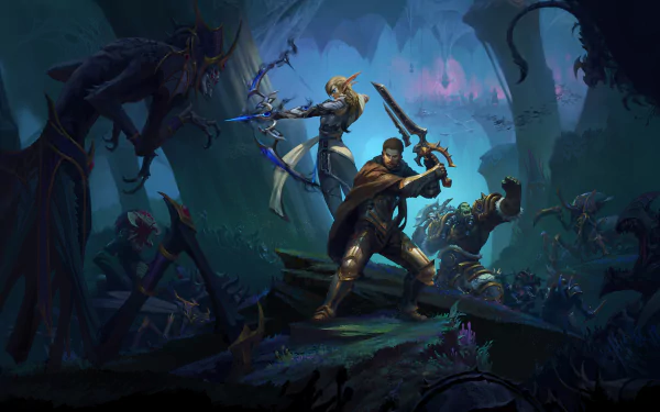 HD wallpaper featuring Alleria Windrunner, Anduin Wrynn, and Thrall from World of Warcraft: The War Within, depicted in intense battle.