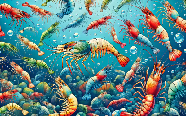 A vibrant HD wallpaper featuring a colorful underwater scene filled with various shrimp, swimming amidst bubbles and pebbles, creating a lively aquatic ambiance.