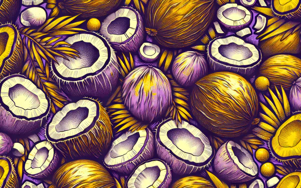 Vibrantly illustrated coconuts and palm leaves pattern for HD desktop wallpaper and background.