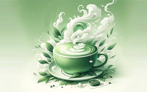 A vibrant green tea latte sits elegantly in a cup, surrounded by lush leaves and swirling steam, creating a serene and inviting atmosphere for a desktop wallpaper.