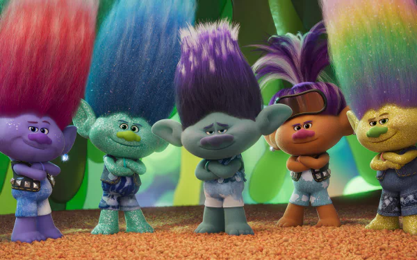 Colorful characters from the movie Trolls Band Together stand confidently with unique hairstyles. This HD wallpaper captures their vibrant and playful spirit.
