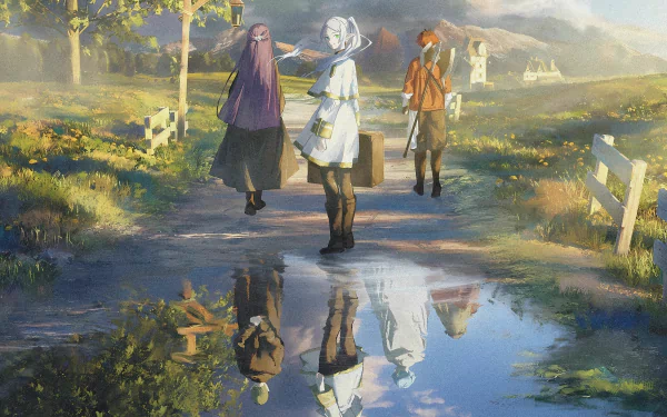 HD wallpaper of Frieren: Beyond Journey's End featuring Frieren, Fern, and Stark walking on a countryside path with reflections in a puddle. The scene is tranquil and picturesque.