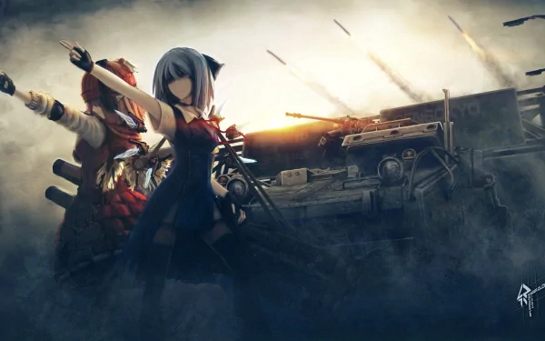 HD PC desktop wallpaper featuring Mystia Lorelei and Cirno from the anime Touhou, with dynamic poses set against a dramatic battlefield background with tanks and explosions.