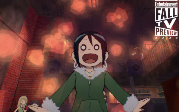 HD wallpaper of a surprised animated character from Scott Pilgrim Takes Off against a stage backdrop with lights and speakers.