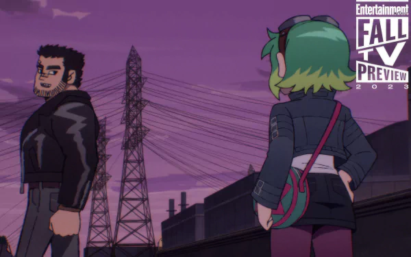 HD wallpaper of Scott Pilgrim Takes Off featuring animated characters in a dusk cityscape for desktop background.