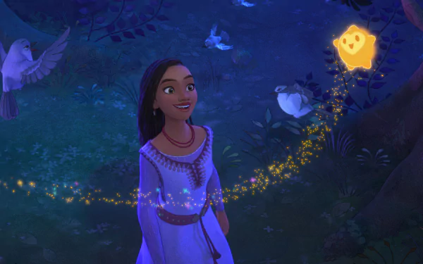 HD desktop wallpaper of Wish (2023), featuring a smiling animated girl in a mystical forest with glowing lights and birds.