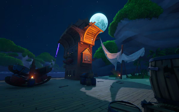 HD desktop wallpaper of Blazing Sails game with a moonlit scene featuring a shipwrecked boat transformed into a building on a deserted island.