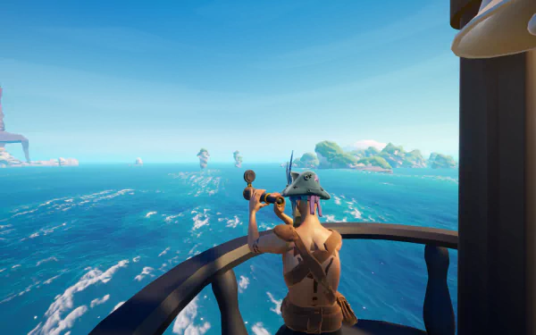 A character from the video game Blazing Sails stands on a ship's deck, gazing out at the ocean waves and distant islands under a clear blue sky, creating a captivating HD desktop wallpaper.