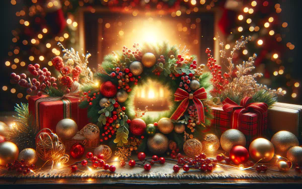 Festive Christmas wreath and gifts HD wallpaper with sparkling lights and holiday decorations for a cozy desktop background.