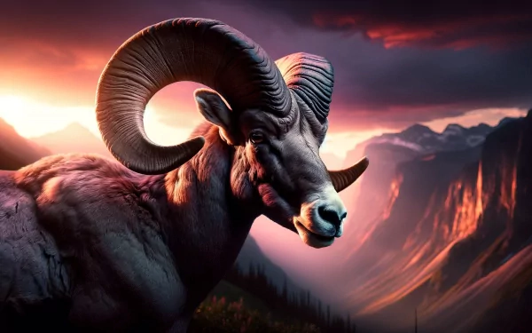 A majestic bighorn sheep stands against a dramatic sunset backdrop, showcasing its impressive horns and rugged terrain, creating an immersive HD desktop wallpaper.