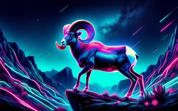 Neon-lit bighorn sheep standing on a cliff with a vibrant, surreal mountain landscape in the background - HD wallpaper.