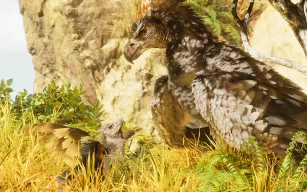 HD wallpaper featuring a cinematic scene from ARK: Survival Evolved with a detailed rendering of a griffin perched on a rocky terrain, illustrating the high-quality graphics of the game.