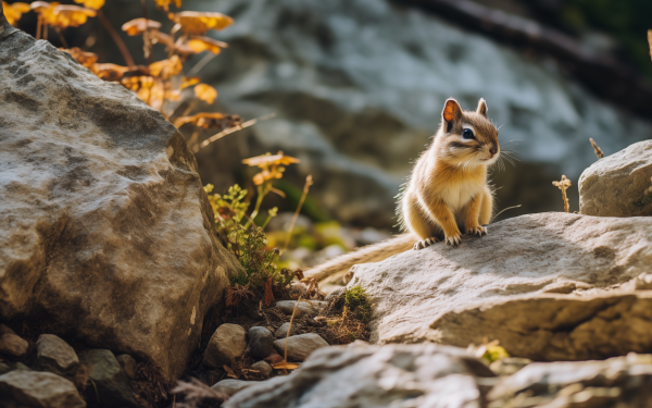 HD wallpaper of a cute chipmunk sitting on a rock with autumn foliage in the background.