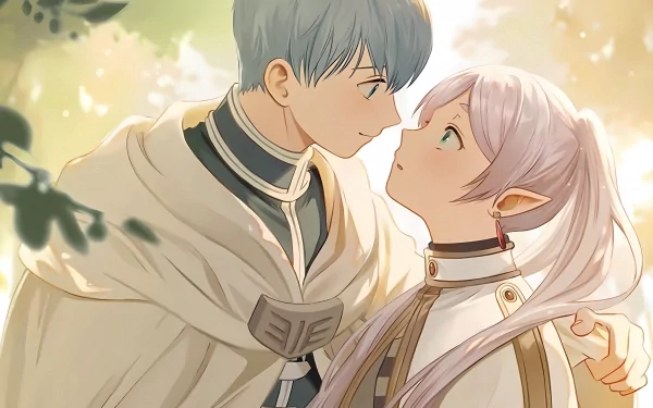 HD PC desktop wallpaper featuring Himmel and Frieren from the anime Frieren: Beyond Journey's End in a tender moment amidst soft, natural lighting.