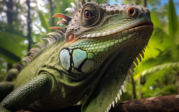 Close-up HD wallpaper of a green iguana resting on a branch with a lush forest background perfect for desktop background use.