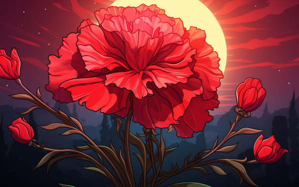 Vibrant red carnation flower with HD desktop wallpaper and background featuring a dreamy sunset sky.