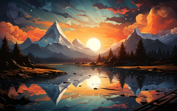 Artistic HD wallpaper of a serene lake landscape with snow-capped mountains at sunset, perfect for desktop background.