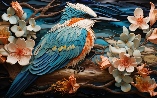 HD Desktop Wallpaper of a Colorful Kingfisher Surrounded by Blossoms.