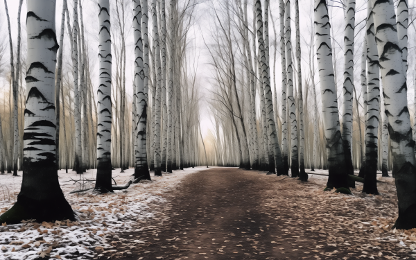 HD desktop wallpaper featuring a serene birch forest path with fallen leaves and a hint of snow.