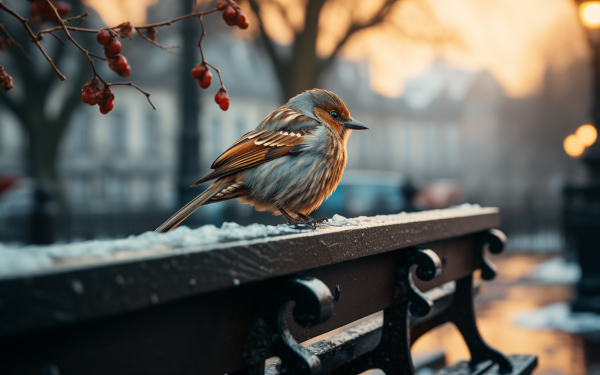 Sparrow perched on a frosty bench with red berries in winter, HD desktop wallpaper background.