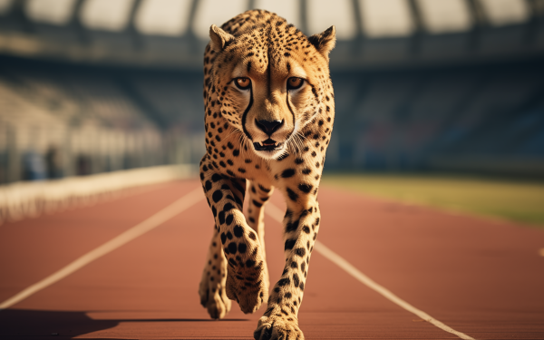 A majestic cheetah running on a race track, captured in stunning detail against the backdrop of an empty stadium, perfect for HD desktop wallpaper and background.